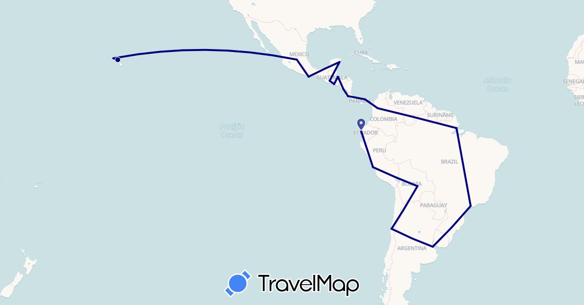 TravelMap itinerary: driving in Argentina, Bolivia, Brazil, Chile, Colombia, Costa Rica, Ecuador, Guatemala, Honduras, Mexico, Nicaragua, Panama, Peru, El Salvador, United States (North America, South America)